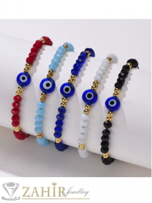 Ръчно изработена гривна против уроки от кристални мъниста и позлатени стоаманени мъниста и синьо око- GU1127